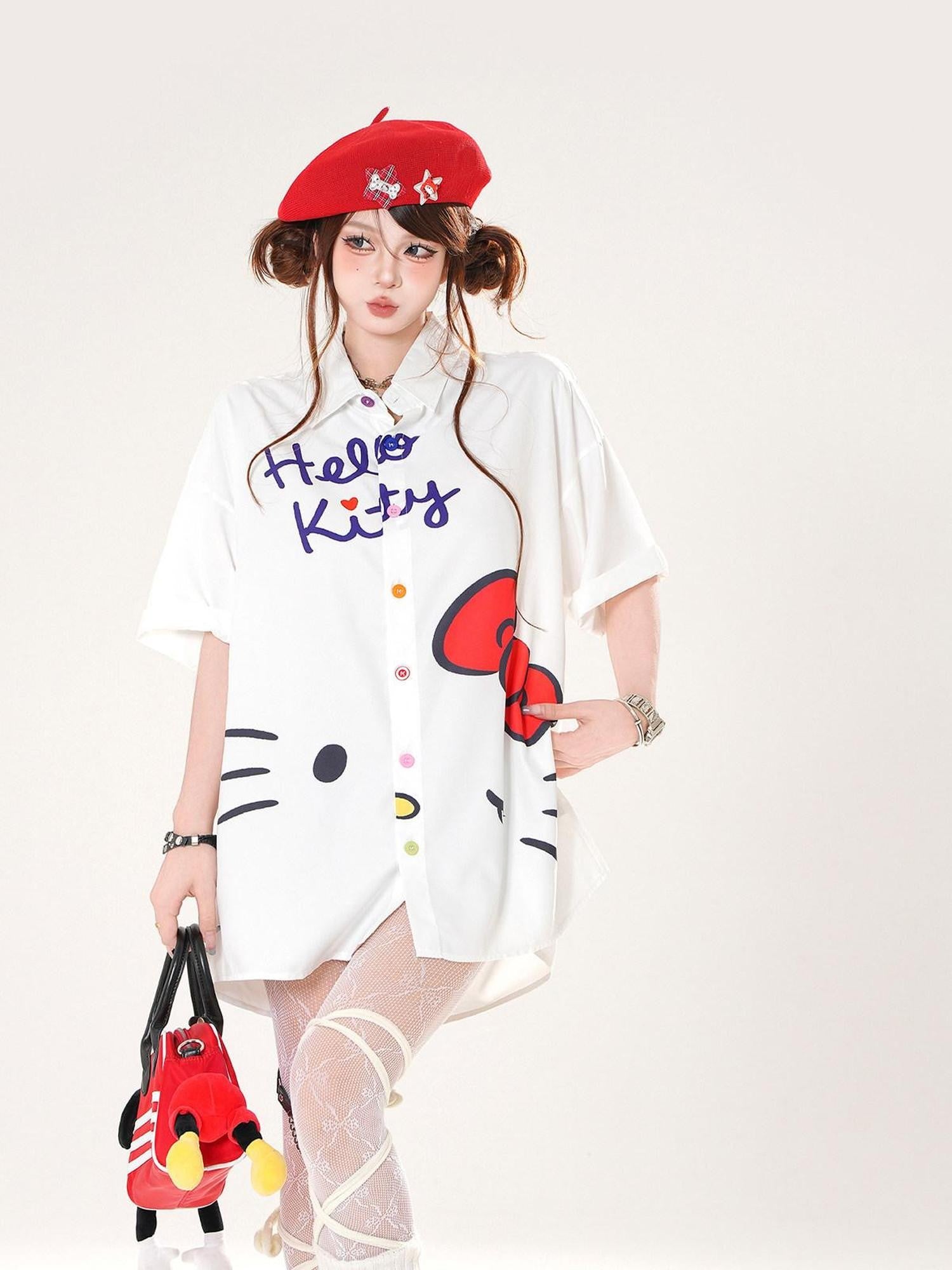 kelly kitty Kitten Print Sweet Short Sleeve Slimming Uv Protection Women&