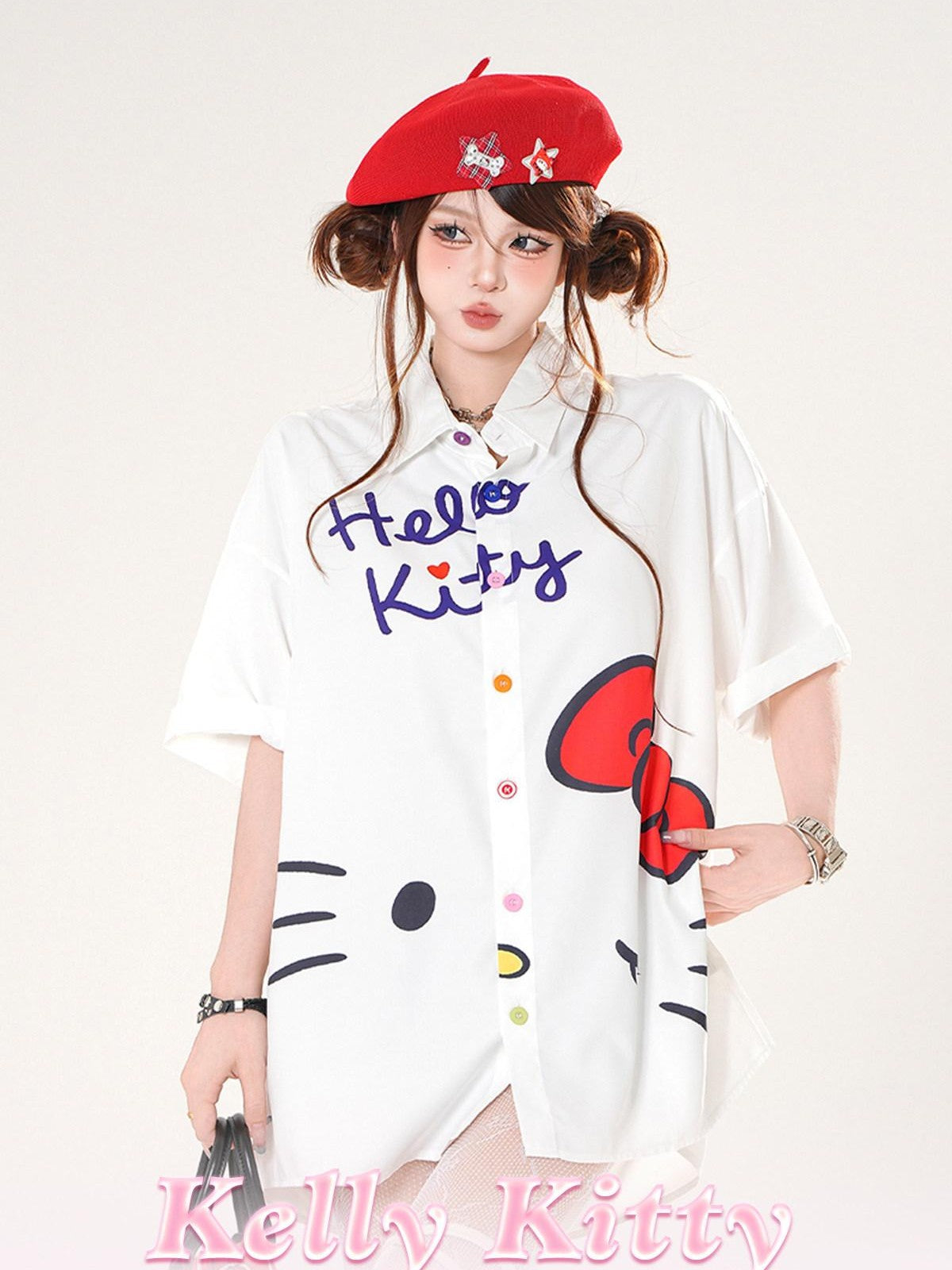kelly kitty Kitten Print Sweet Short Sleeve Slimming Uv Protection Women&