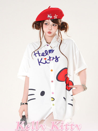 kelly kitty Kitten Print Sweet Short Sleeve Slimming Uv Protection Women&
