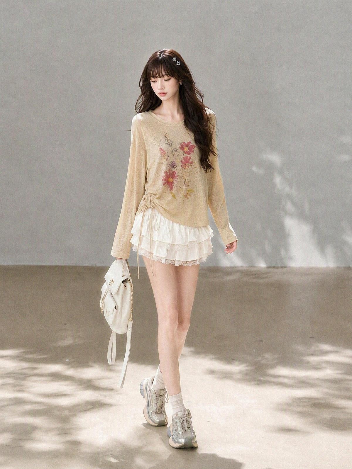 kelly kitty Korean Drawstring Lightweight Round Neck Women&