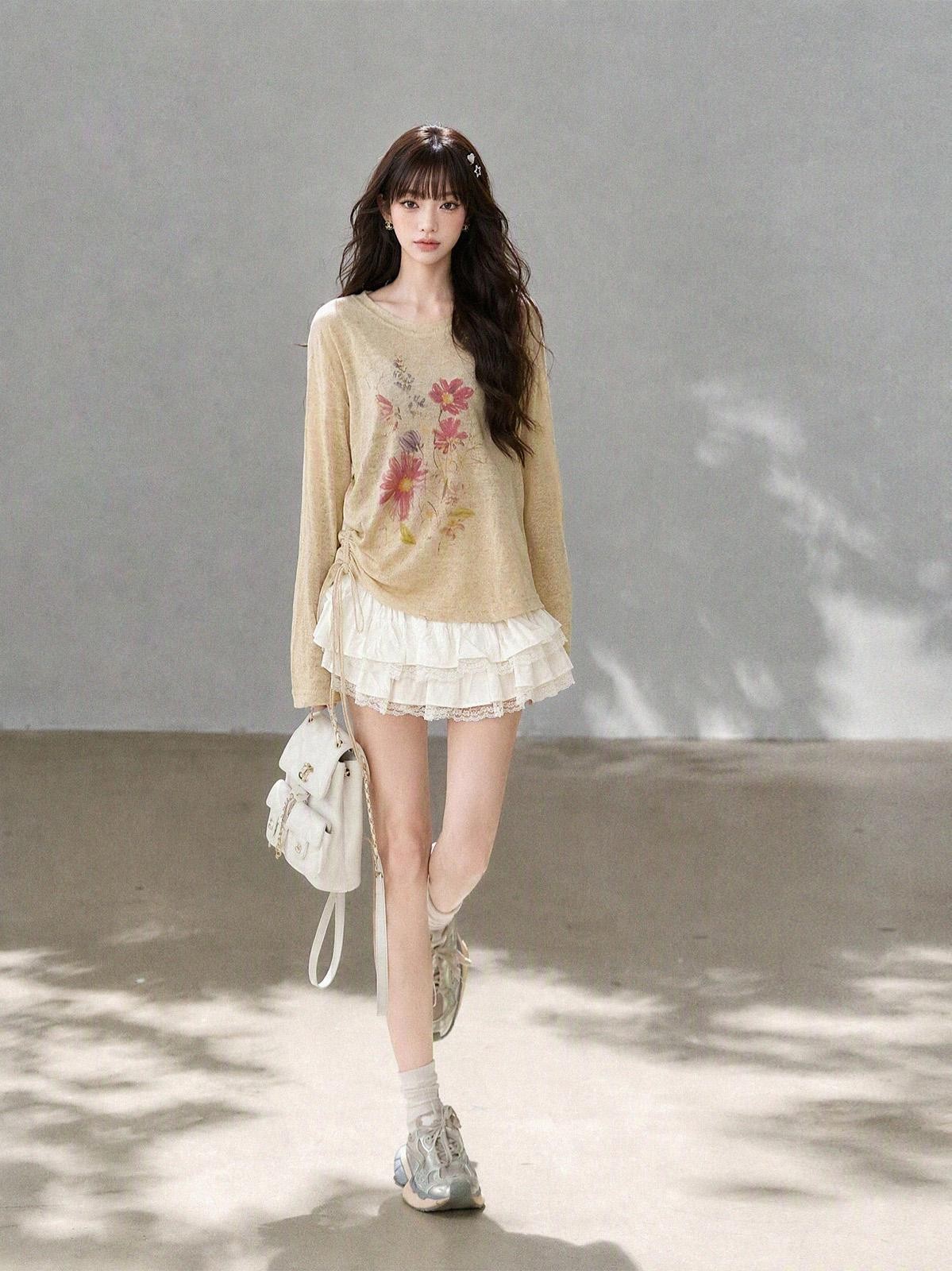 kelly kitty Korean Drawstring Lightweight Round Neck Women&