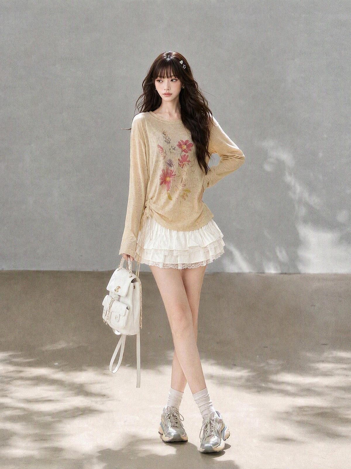 kelly kitty Korean Drawstring Lightweight Round Neck Women&