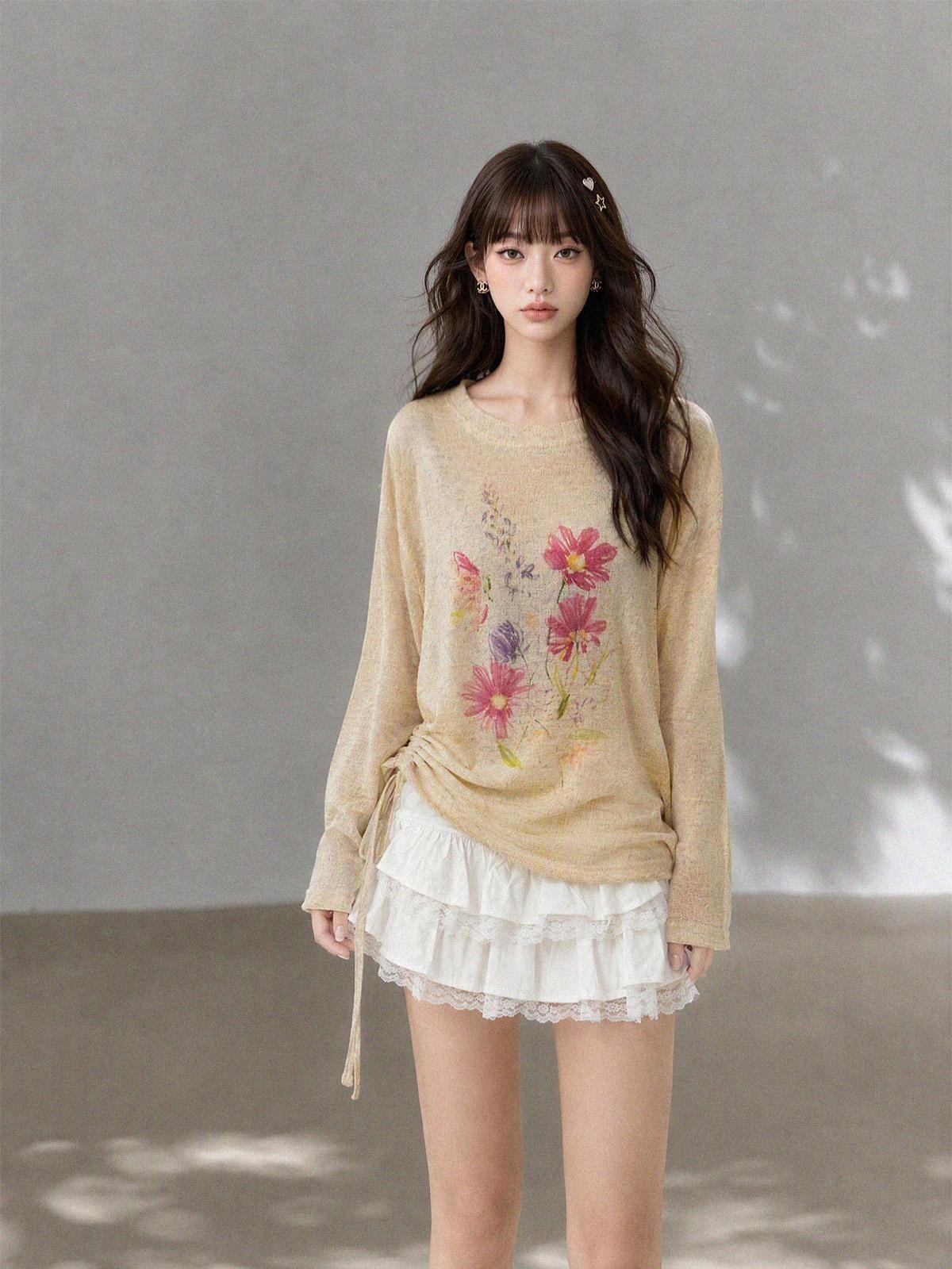 kelly kitty Korean Drawstring Lightweight Round Neck Women&