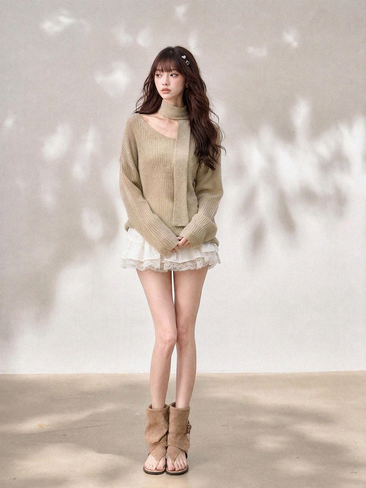 kelly kitty Korean Relaxed V-neck Knit Loose Women&