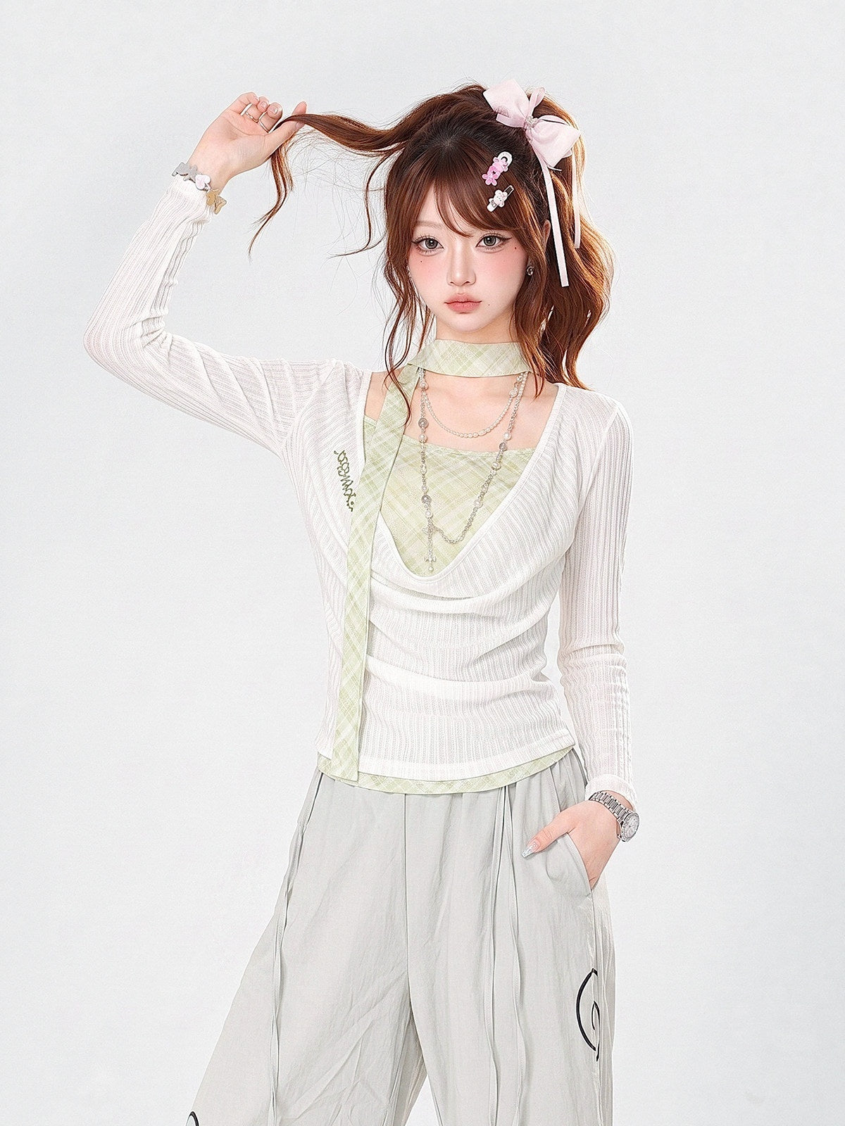 kelly_kitty_Mint_Green_Diamond_Pattern_Faux_Layered_Drape_Neck_Women&