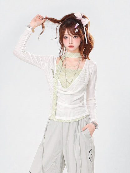 kelly_kitty_Mint_Green_Diamond_Pattern_Faux_Layered_Drape_Neck_Women&