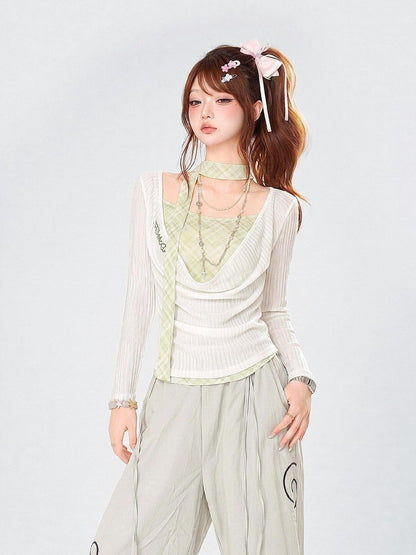 kelly kitty Mint Green Diamond Pattern Faux Layered Drape Neck Women&