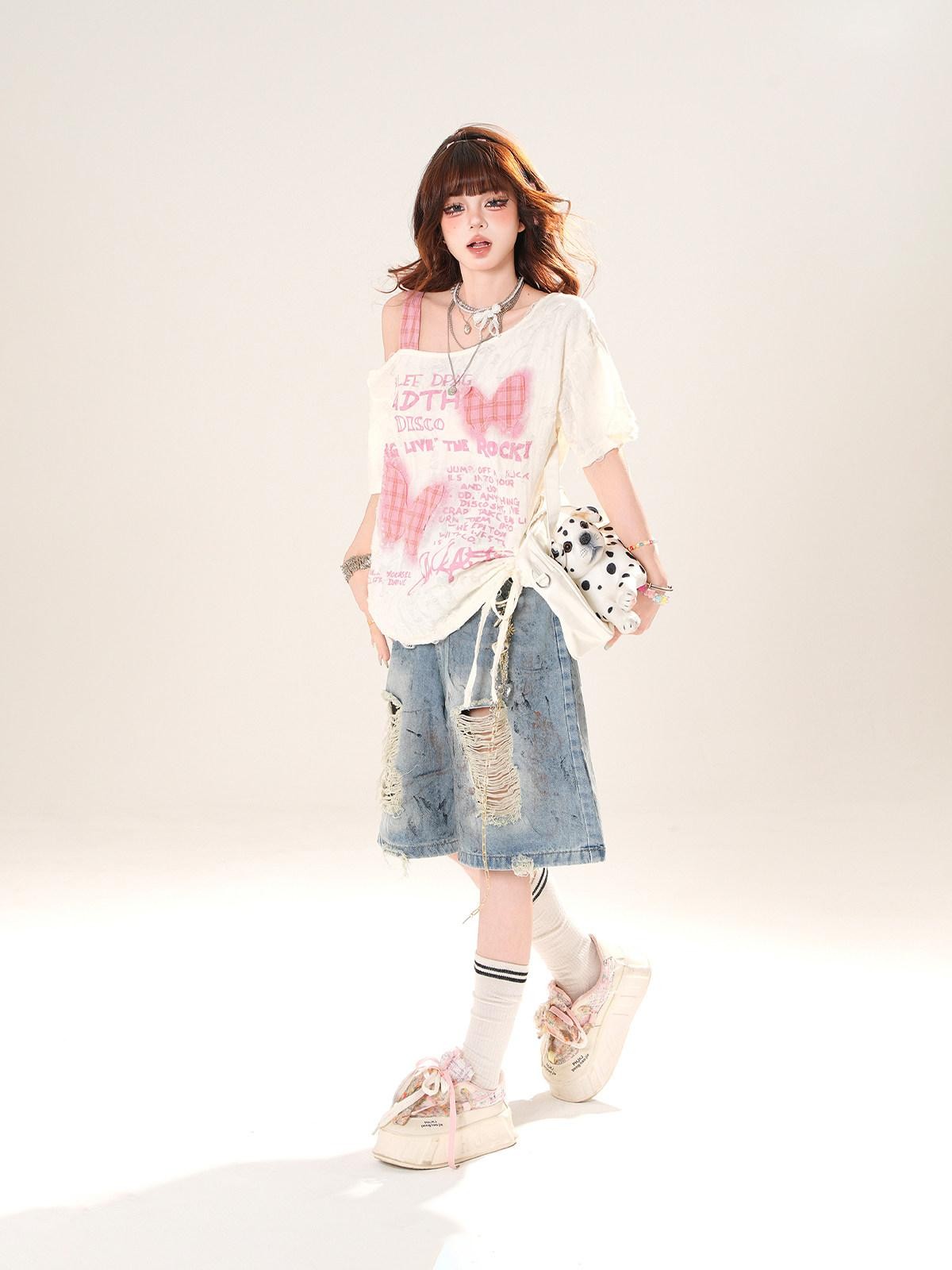kelly kitty Peach Ruffle Distressed Asymmetrical Women&