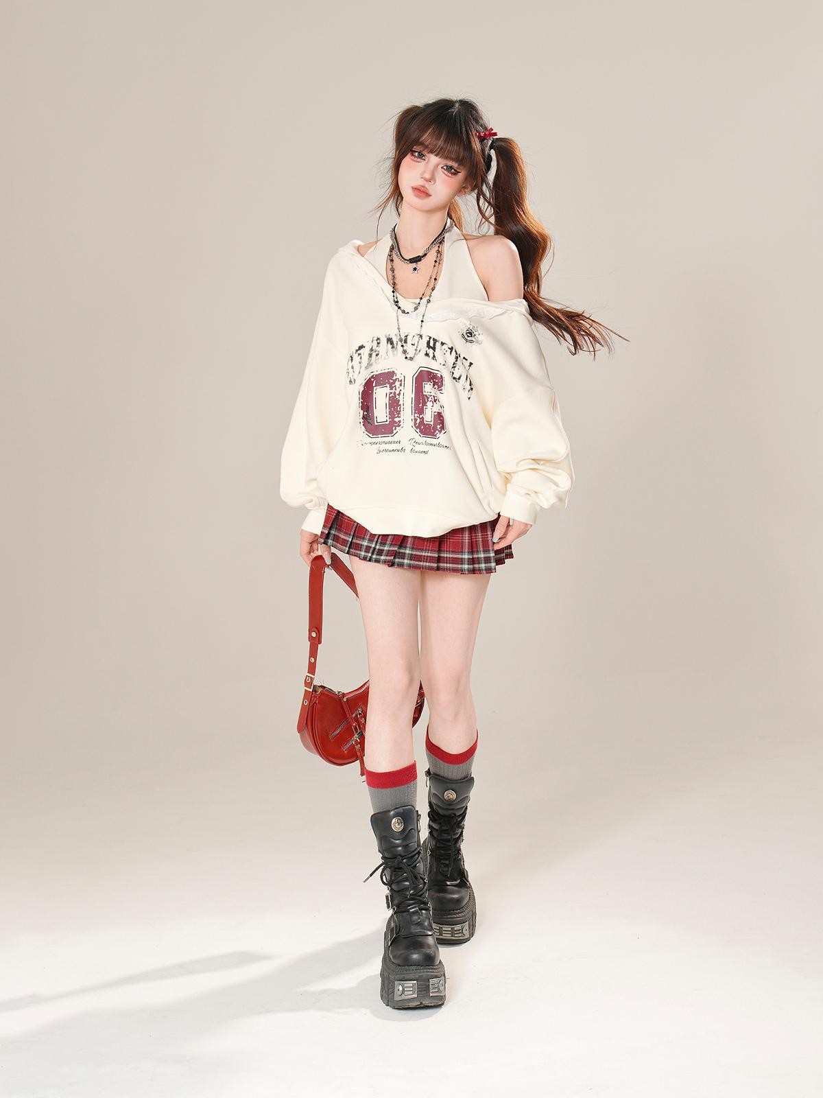 kelly kitty Plaid Embroidered High Waist Slim Pleated Women&