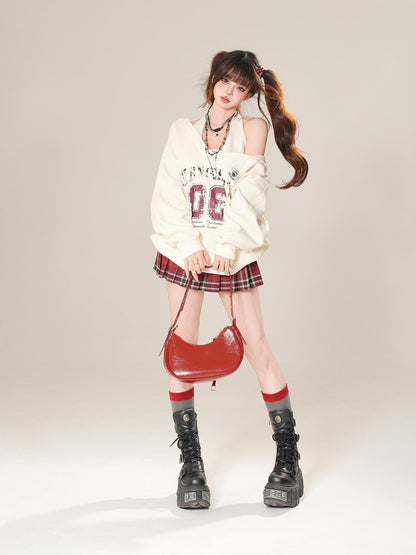 kelly kitty Plaid Embroidered High Waist Slim Pleated Women&