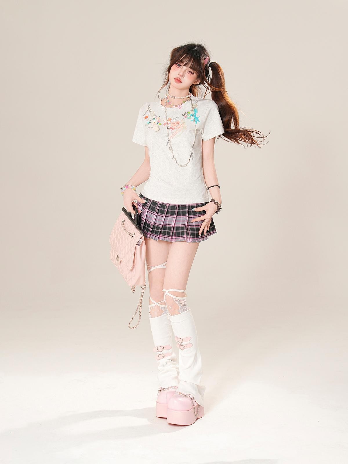 kelly kitty Plaid Embroidered High Waist Slim Pleated Women&