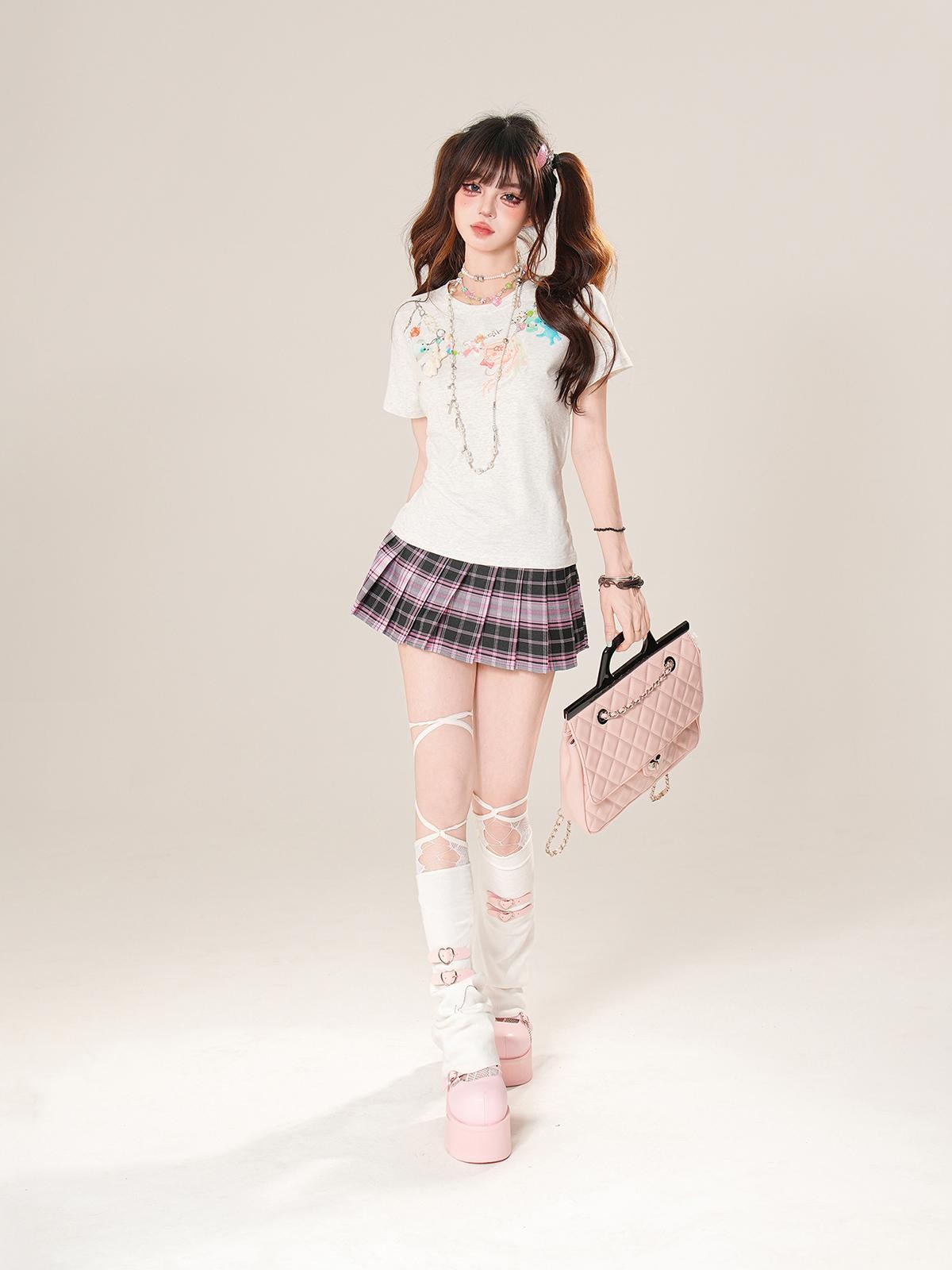 kelly kitty Plaid Embroidered High Waist Slim Pleated Women&