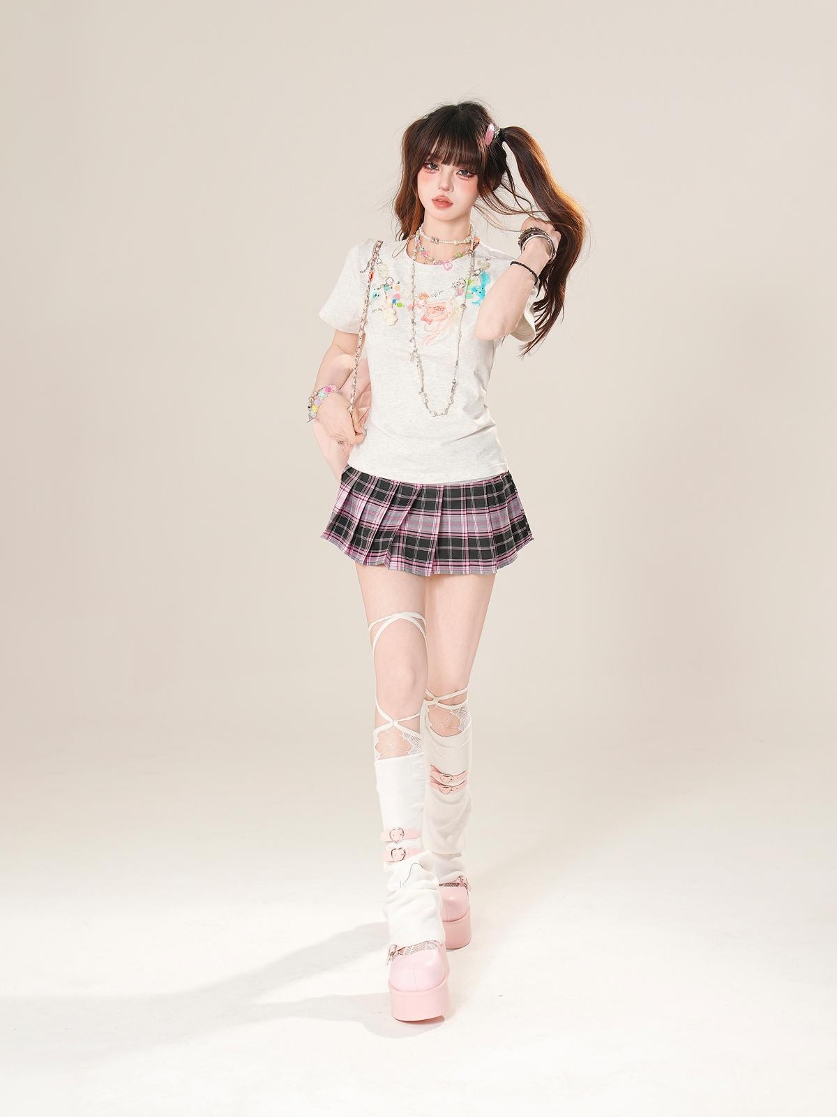 kelly kitty Plaid Embroidered High Waist Slim Pleated Women&
