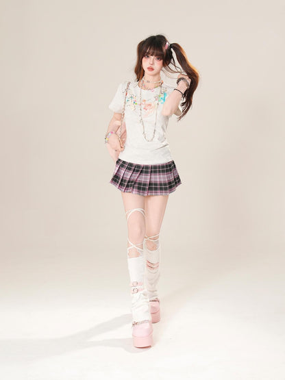 kelly kitty Plaid Embroidered High Waist Slim Pleated Women&