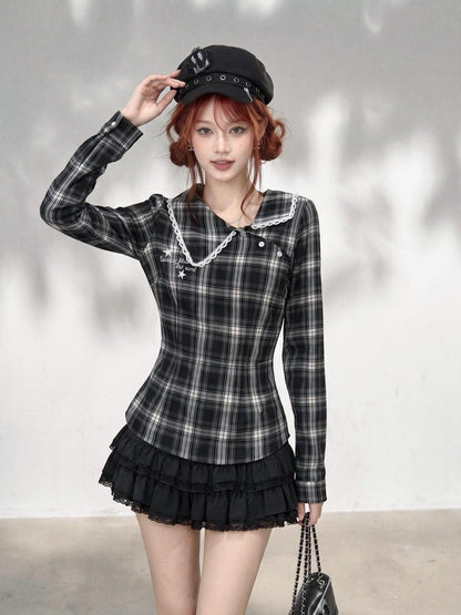 kelly kitty Plaid Long Sleeve Lace Doll Collar Fitted Women&