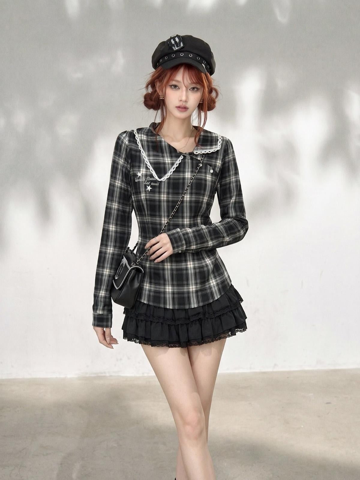 kelly kitty Plaid Long Sleeve Lace Doll Collar Fitted Women&