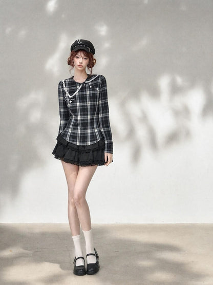 kelly kitty Plaid Long Sleeve Lace Doll Collar Fitted Women&