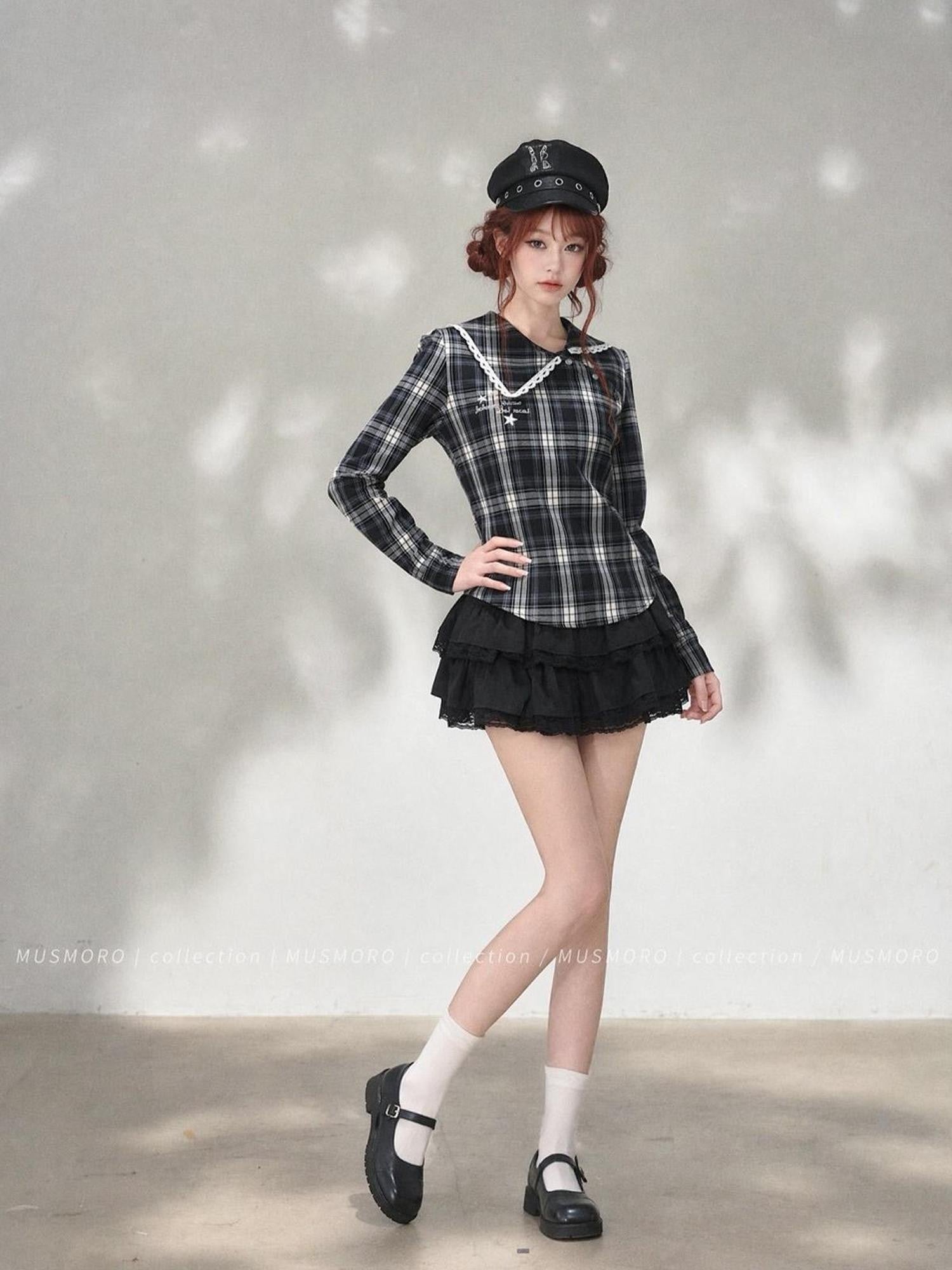 kelly kitty Plaid Long Sleeve Lace Doll Collar Fitted Women&