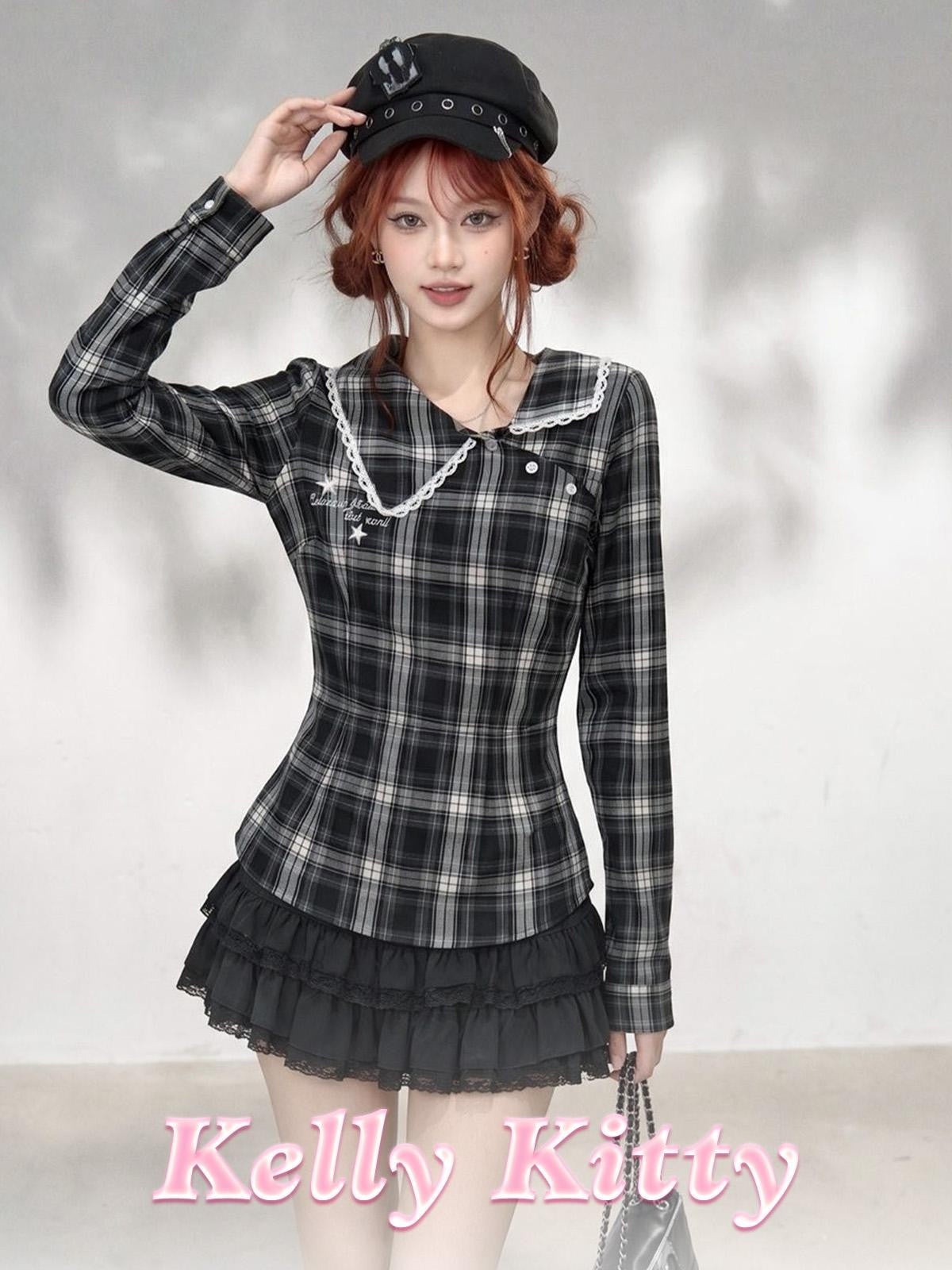 kelly kitty Plaid Long Sleeve Lace Doll Collar Fitted Women&