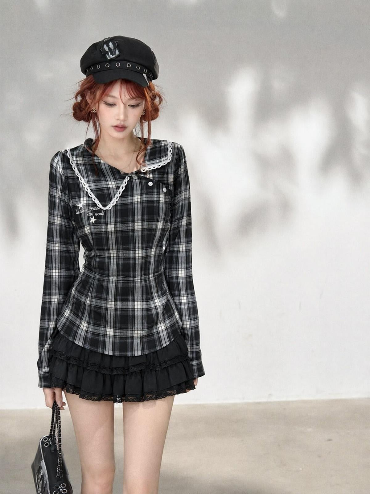 kelly kitty Plaid Long Sleeve Lace Doll Collar Fitted Women&