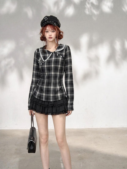 kelly kitty Plaid Long Sleeve Lace Doll Collar Fitted Women&