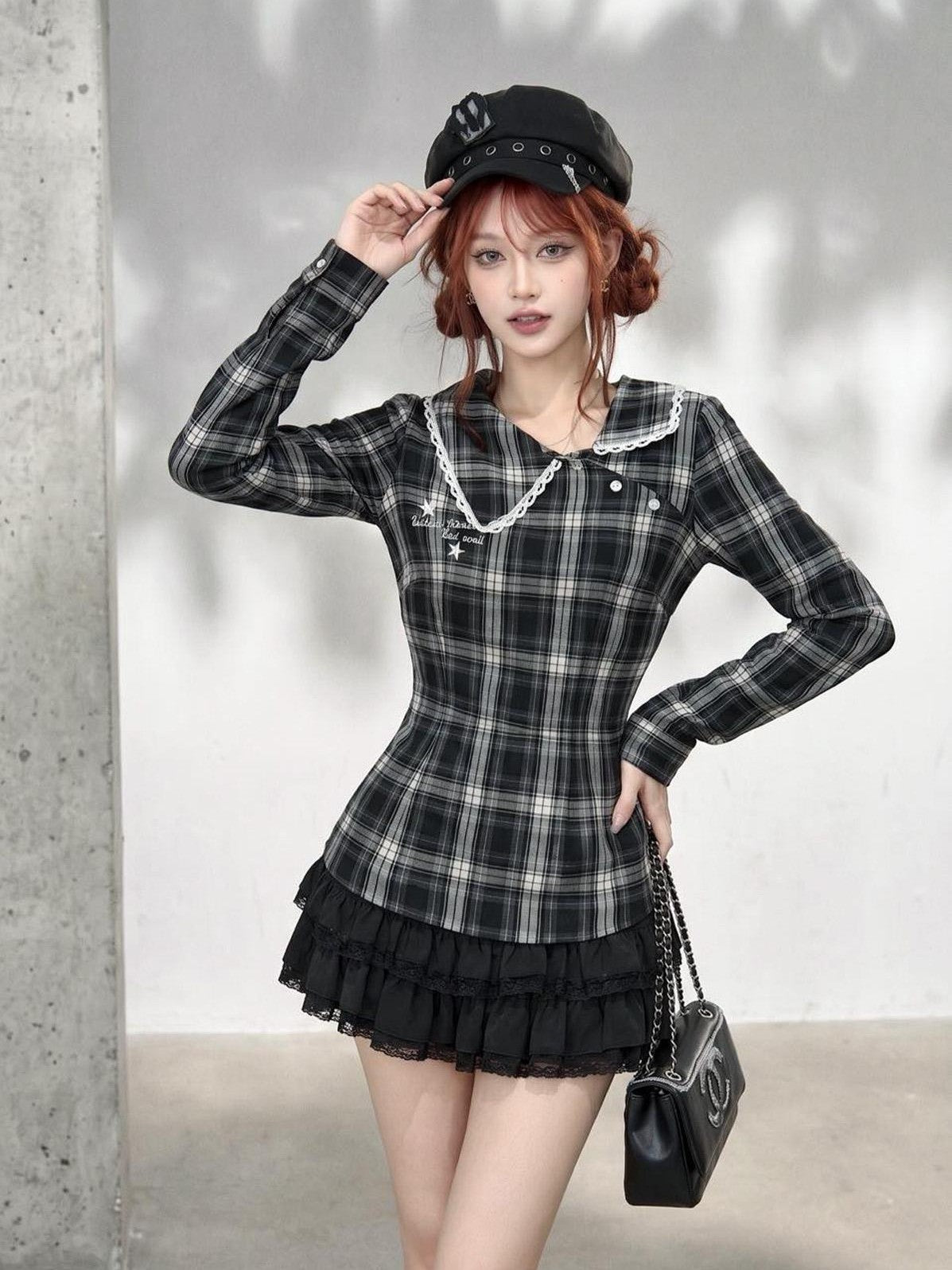 kelly kitty Plaid Long Sleeve Lace Doll Collar Fitted Women&