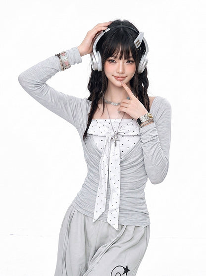 kelly_kitty_Polka_Dot_Faux_Layered_Ruched_Waist_Women&