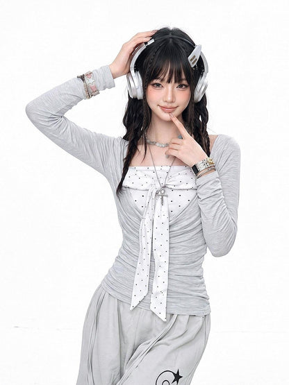 kelly kitty Polka Dot Faux Layered Ruched Waist Women&