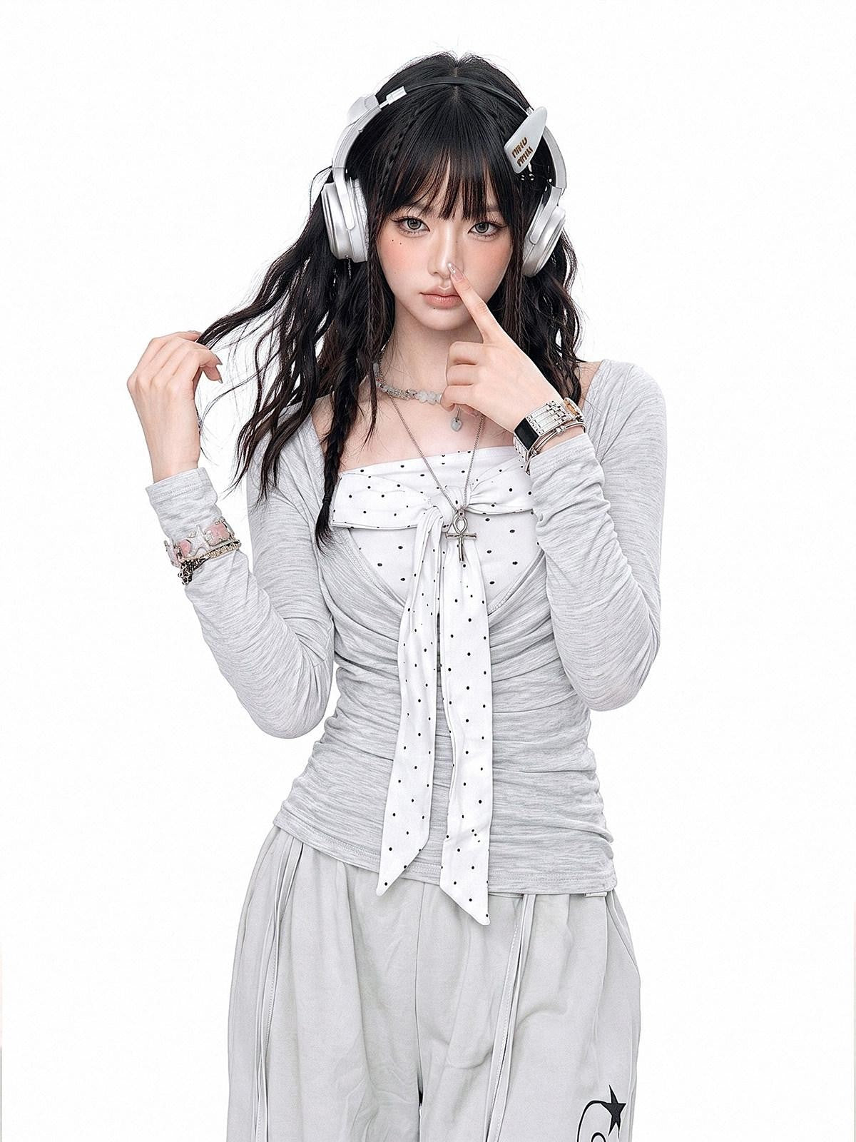 kelly kitty Polka Dot Faux Layered Ruched Waist Women&