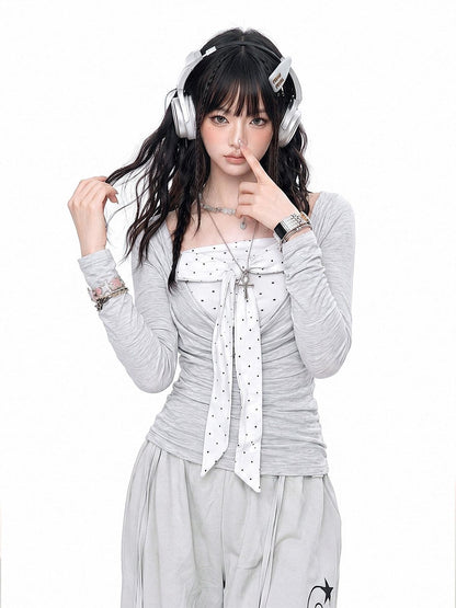 kelly kitty Polka Dot Faux Layered Ruched Waist Women&