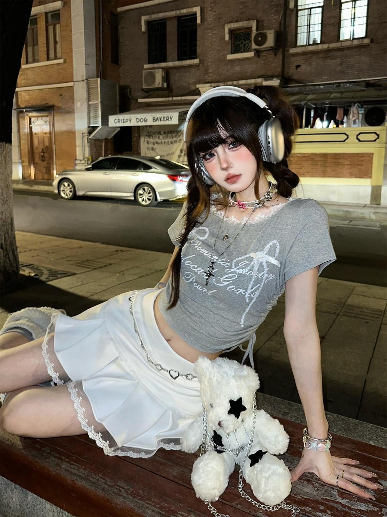 kelly kitty Rebellious Sexy Lace Drawstring Cropped Slim Women&