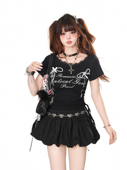 kelly kitty Rebellious Sexy Lace Drawstring Cropped Slim Women&