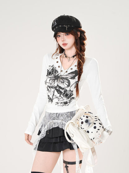 kelly kitty Ripped Butterfly Printed Hooded V-neck Women&