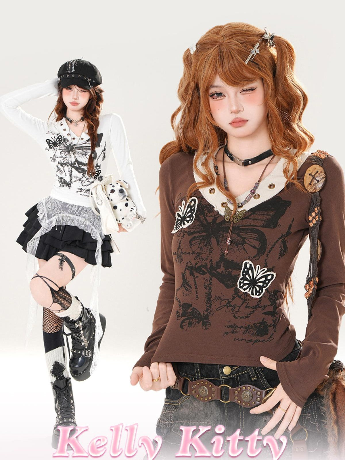 kelly kitty Ripped Butterfly Printed Hooded V-neck Women&