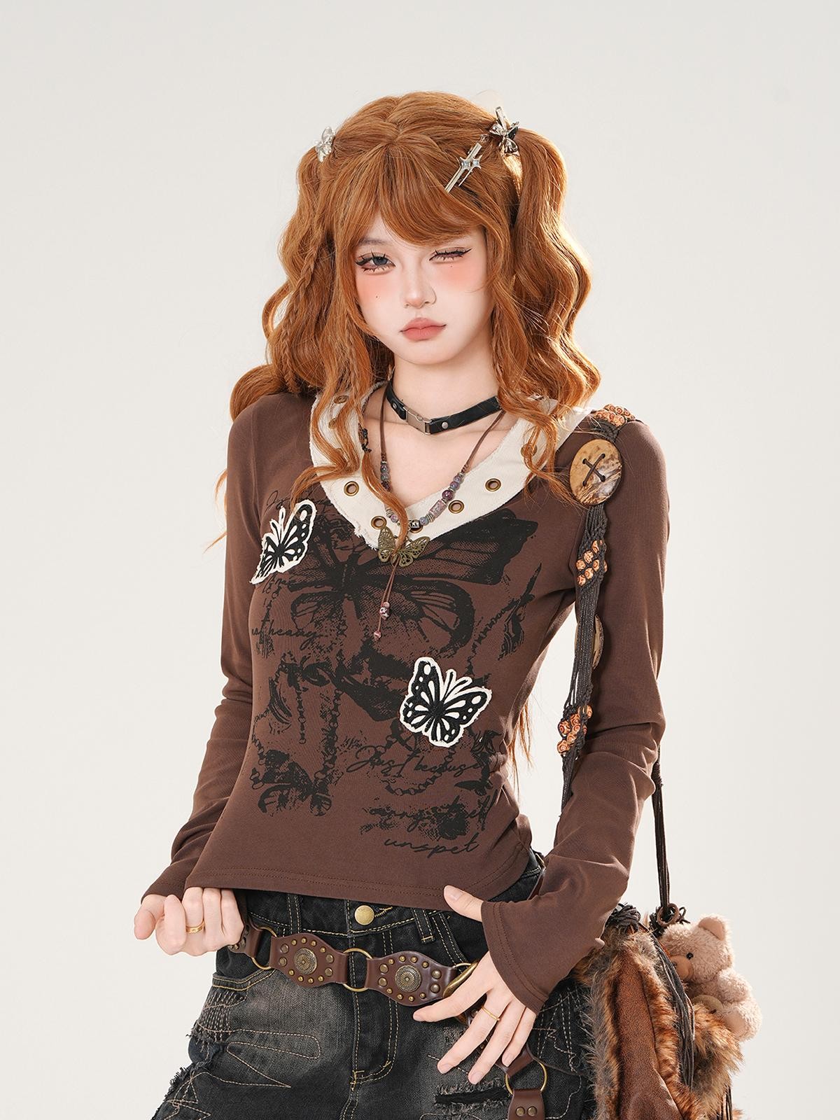 kelly kitty Ripped Butterfly Printed Hooded V-neck Women&