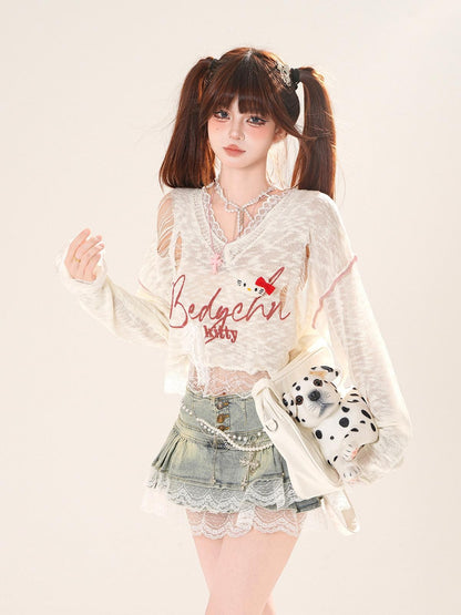 kelly kitty Shibuya Sweet V-neck Lace Semi Sheer Women&