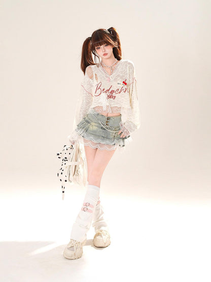 kelly kitty Shibuya Sweet V-neck Lace Semi Sheer Women&