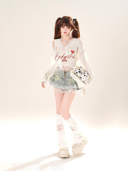 kelly kitty Shibuya Sweet V-neck Lace Semi Sheer Women&