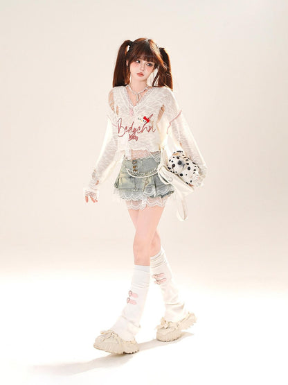 kelly kitty Shibuya Sweet V-neck Lace Semi Sheer Women&