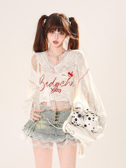 kelly kitty Shibuya Sweet V-neck Lace Semi Sheer Women&