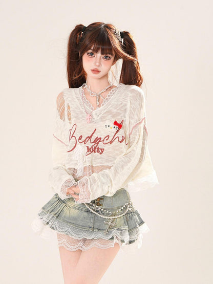 kelly kitty Shibuya Sweet V-neck Lace Semi Sheer Women&