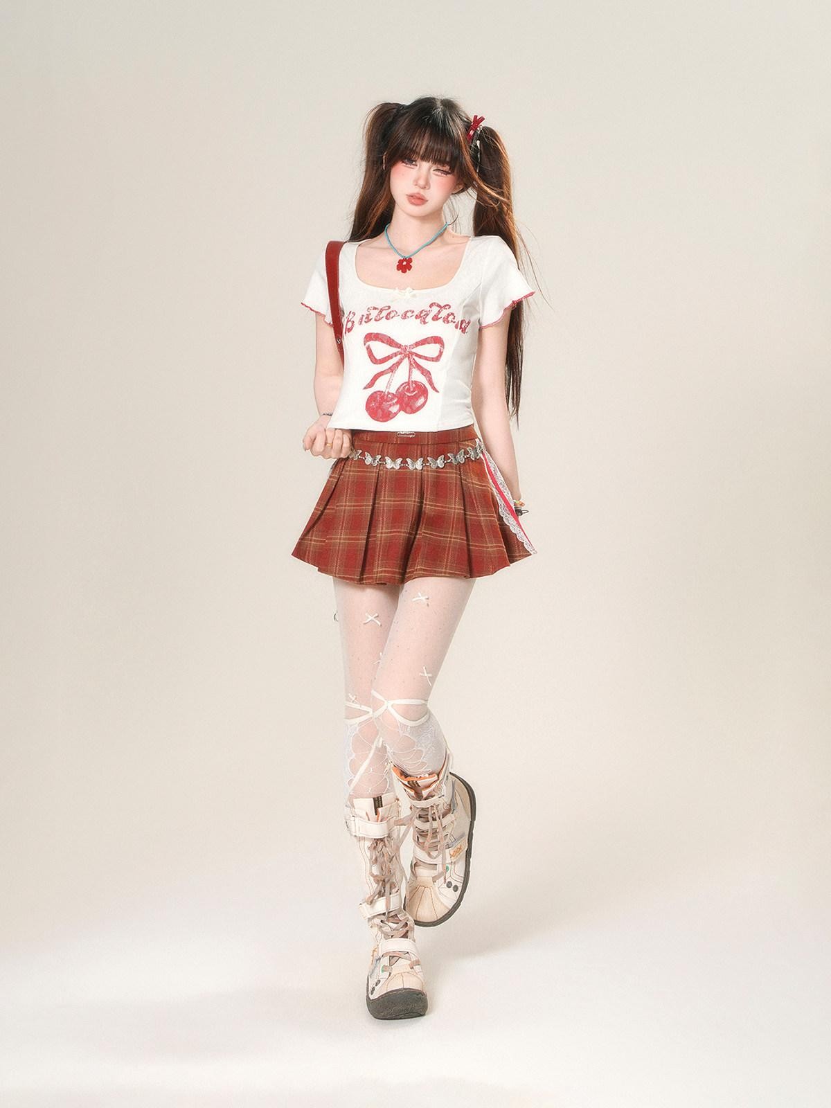 kelly kitty Slimming Mini Glen Plaid Lace Trimmed Women&