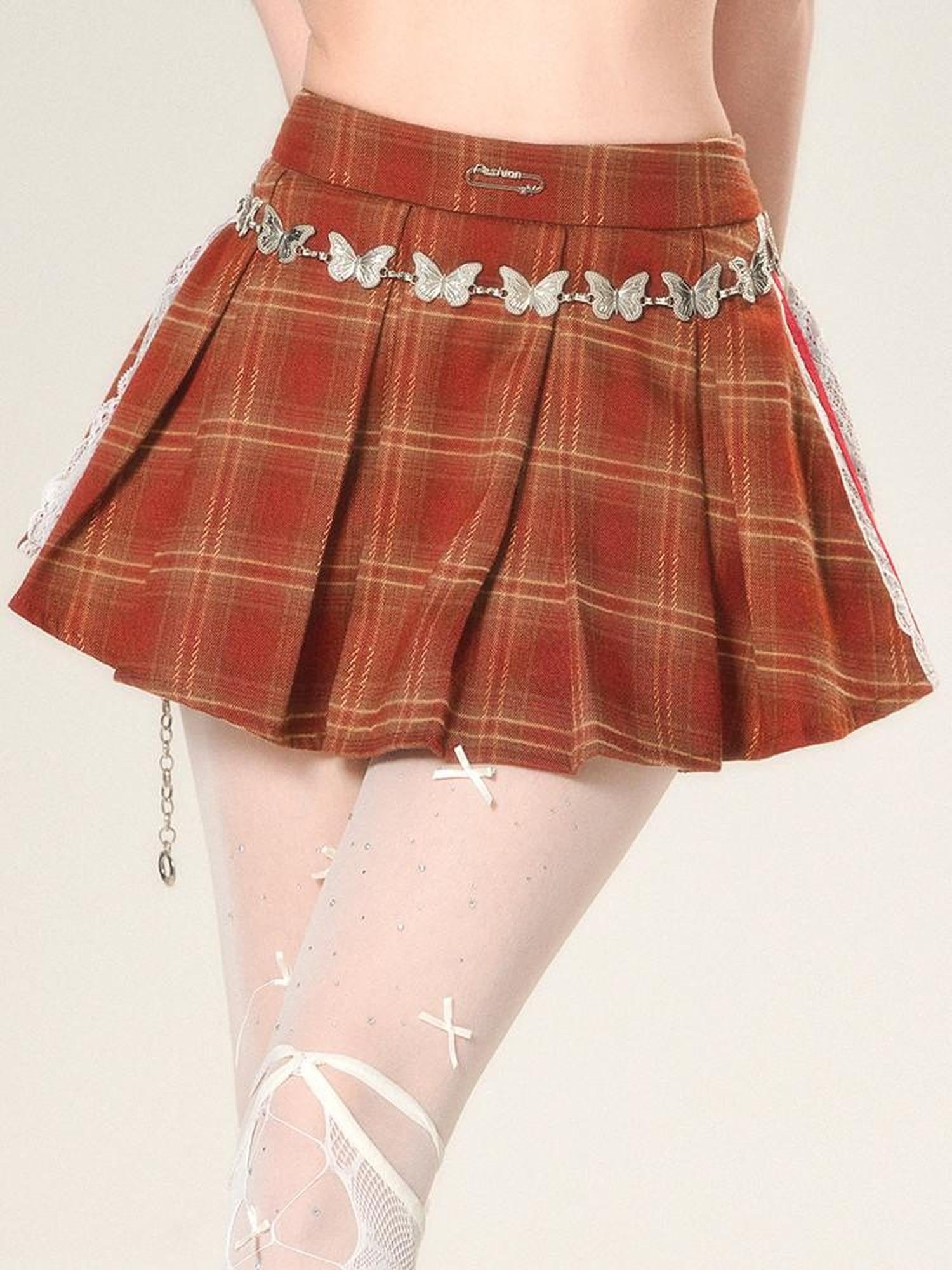 kelly kitty Slimming Mini Glen Plaid Lace Trimmed Women&