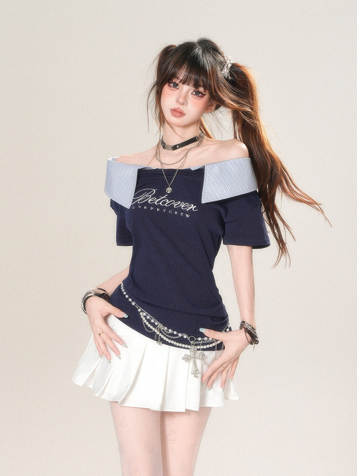 kelly_kitty_Soft_White_Striped_Patchwork_Waist_Cinch_Women&