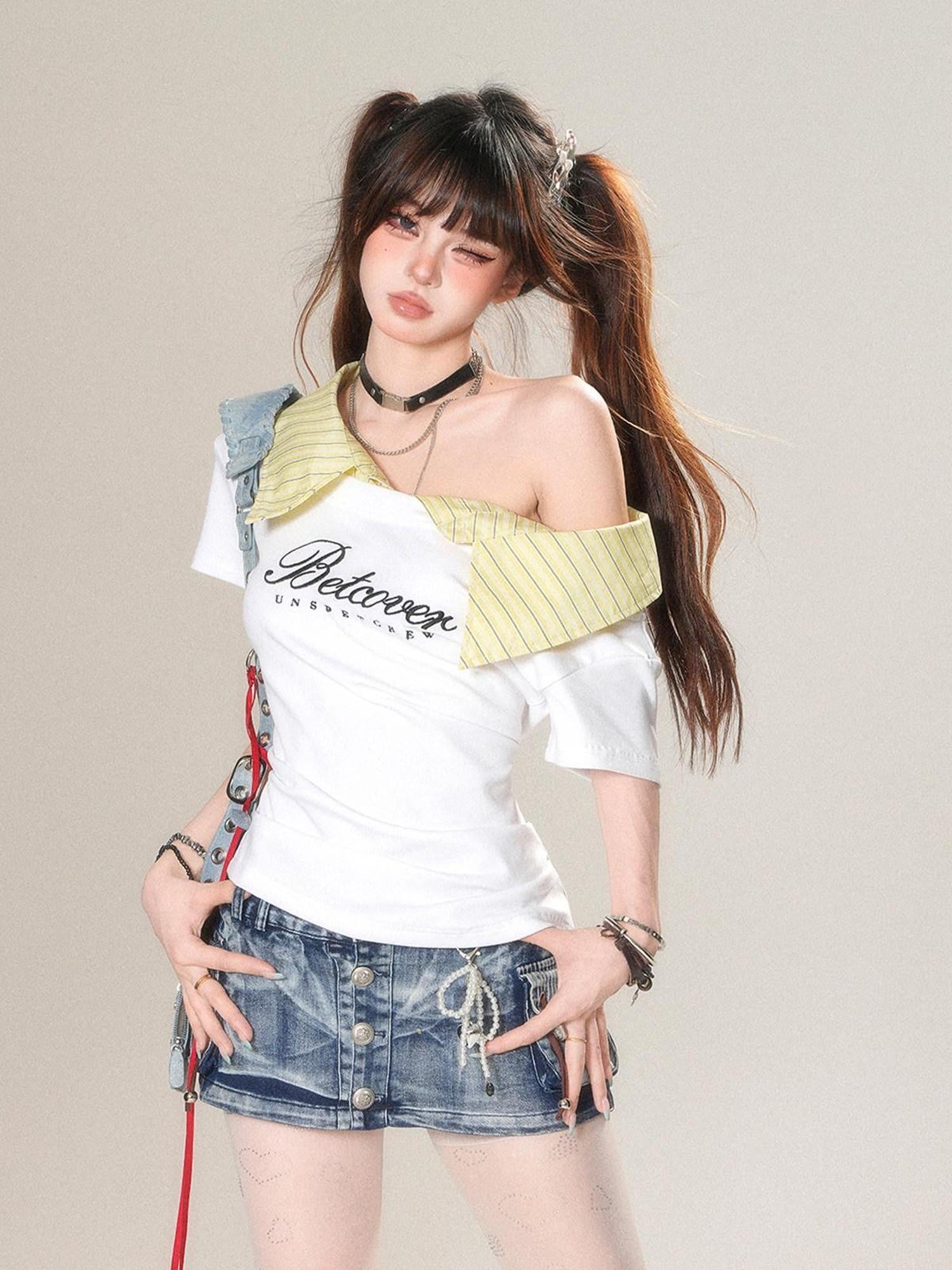 kelly kitty Soft White Striped Patchwork Waist Cinch Women&