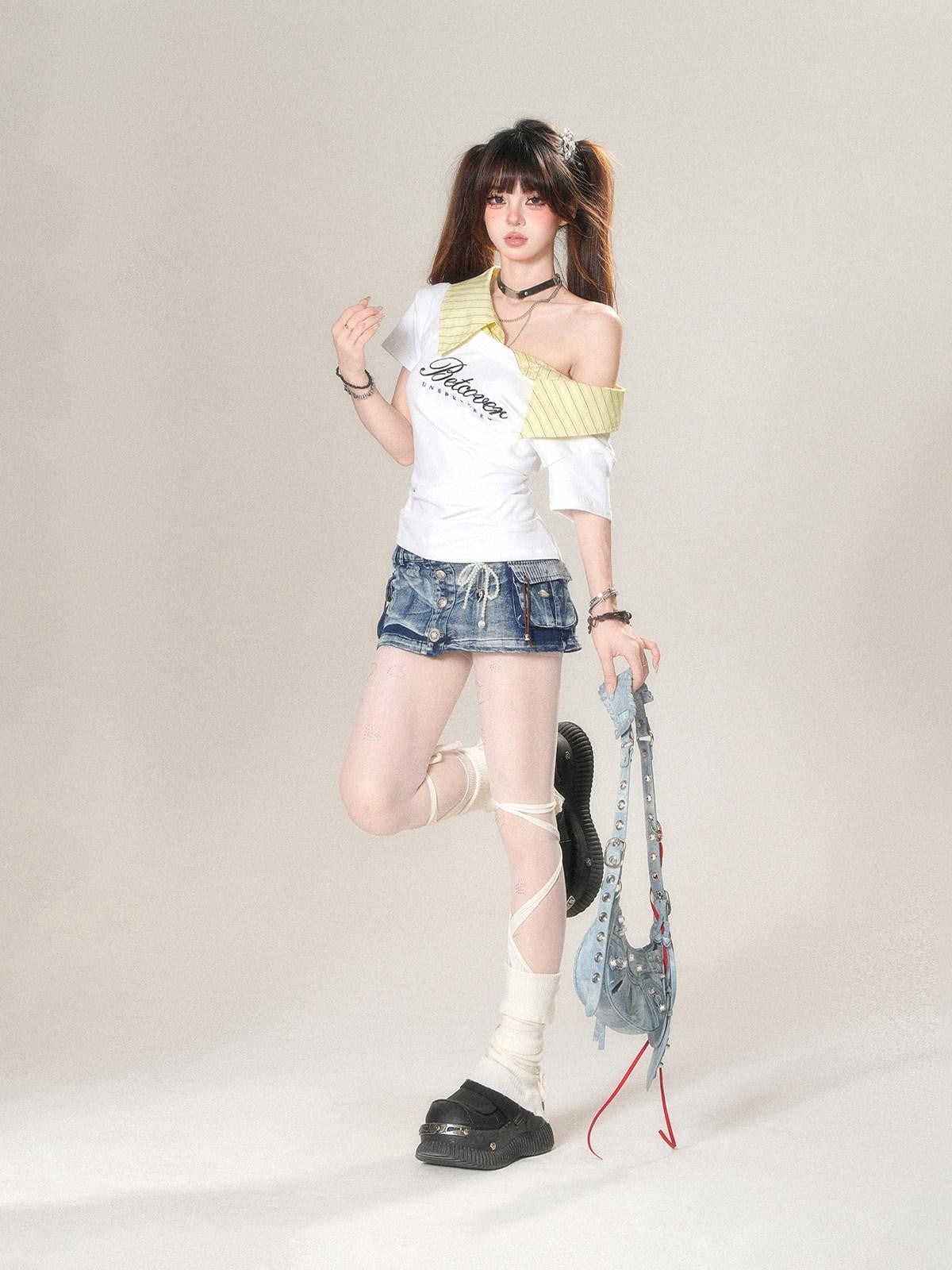 kelly kitty Soft White Striped Patchwork Waist Cinch Women&