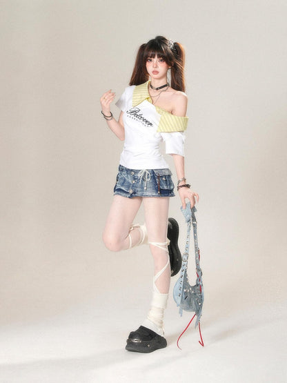 kelly kitty Soft White Striped Patchwork Waist Cinch Women&