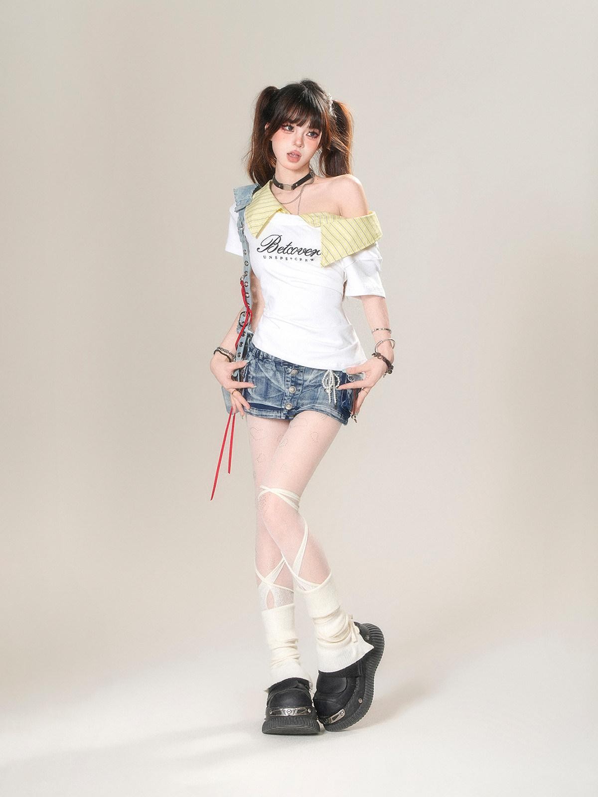 kelly kitty Soft White Striped Patchwork Waist Cinch Women&