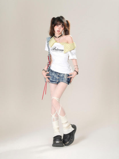 kelly kitty Soft White Striped Patchwork Waist Cinch Women&