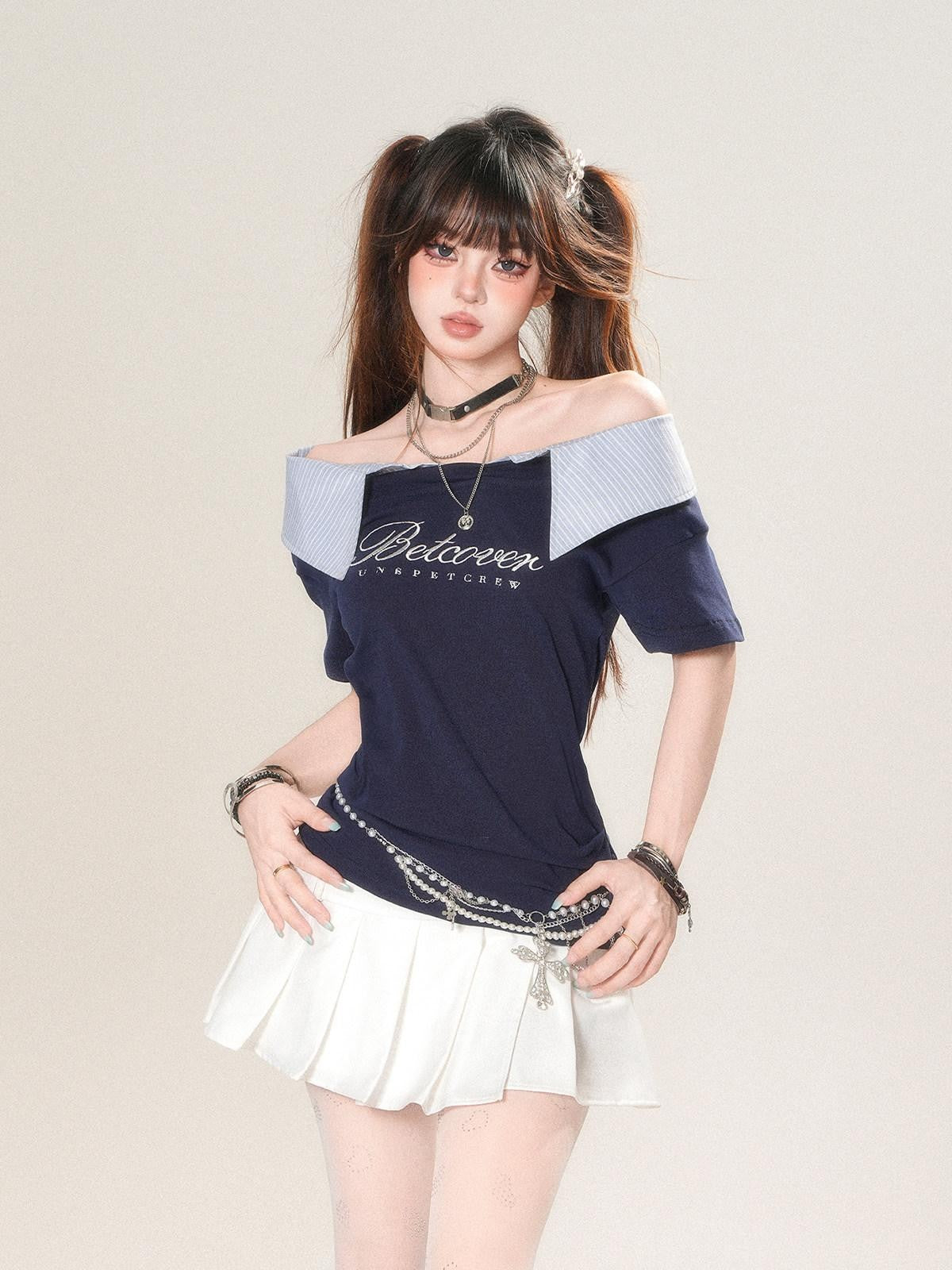 kelly kitty Soft White Striped Patchwork Waist Cinch Women&